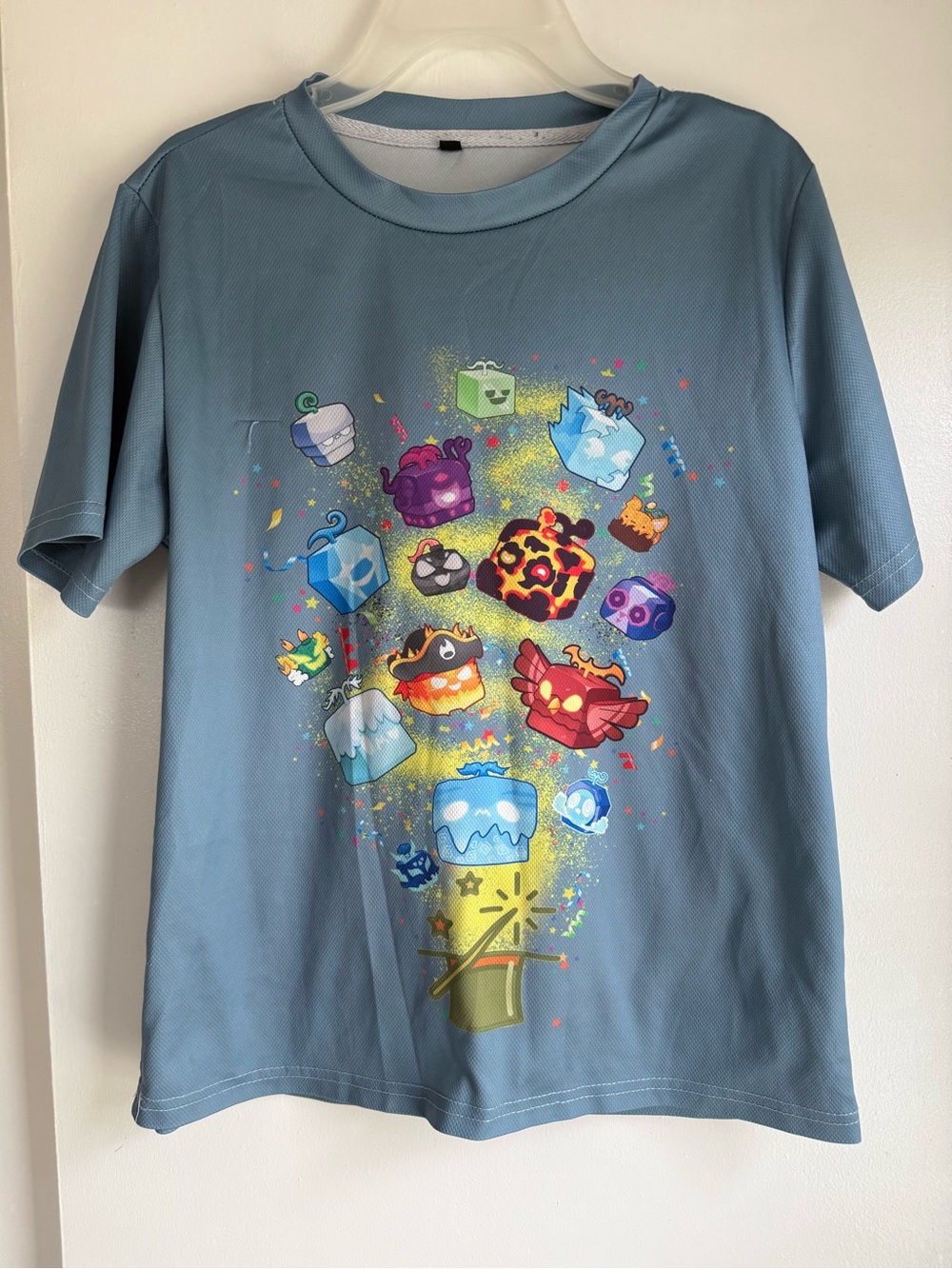 Kids Short Sleeve Graphic Tee in Dusty Blue with Colorful Characters